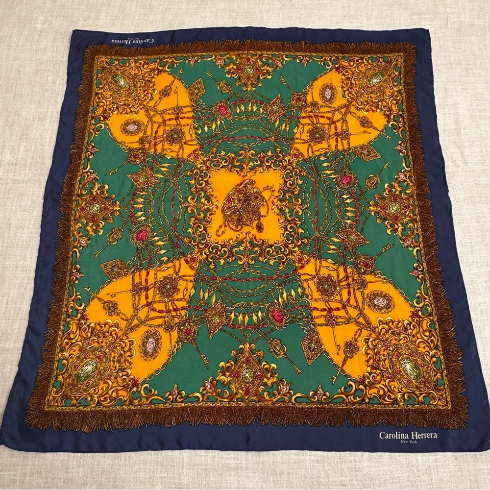 Carolina Herrera Green/Gold Silk Signed Hand-Rolled Scarf 32”x34”Vintage